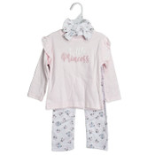 Wholesale - Pink/Floral Long Sleeve Bodysuit with Shoulder Ruffles, Pants, and Bow Headband Baby Apparel Set Shabby Chic C/P 48, UPC: 195010105286